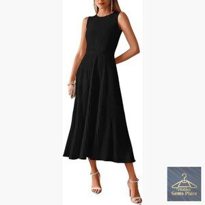 Sleeveless Midi A-Line Knit Dress Crewneck Pleated Business Casual